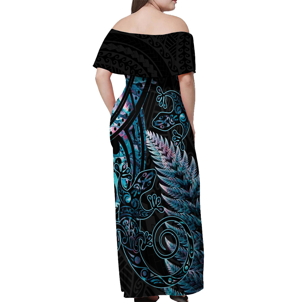 New Zealand Lizard Off Shoulder Maxi Dress Silver Fern Aotearoa Maori With Paua Shell