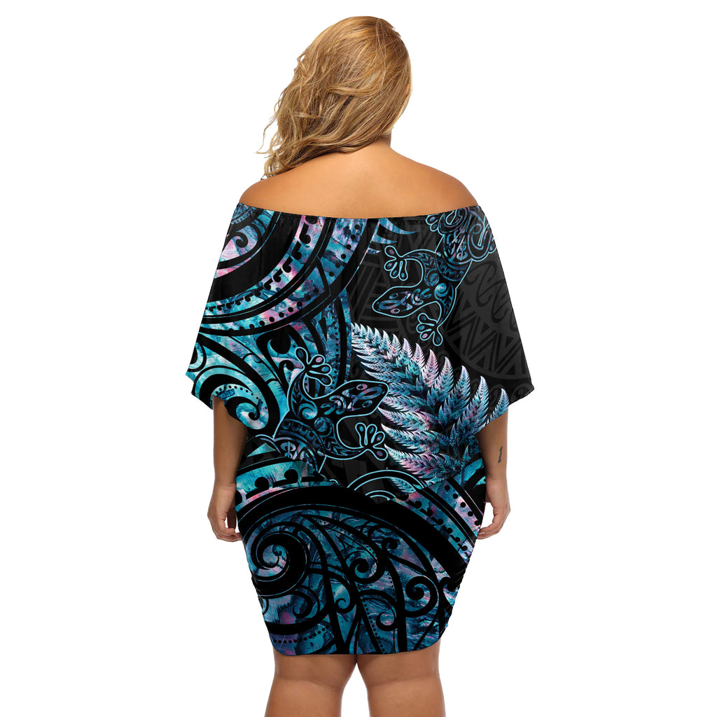 New Zealand Lizard Off Shoulder Short Dress Silver Fern Aotearoa Maori With Paua Shell