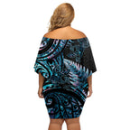 New Zealand Lizard Off Shoulder Short Dress Silver Fern Aotearoa Maori With Paua Shell