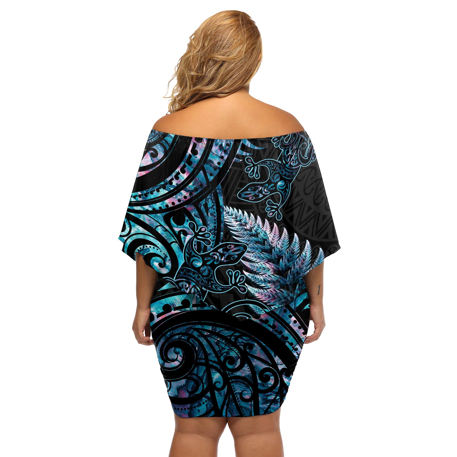 New Zealand Lizard Off Shoulder Short Dress Silver Fern Aotearoa Maori With Paua Shell