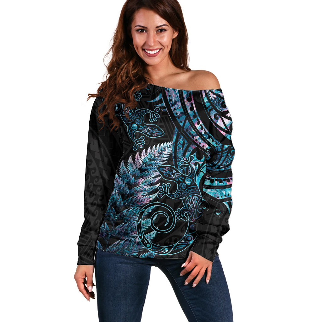 New Zealand Lizard Off Shoulder Sweater Silver Fern Aotearoa Maori With Paua Shell