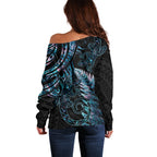 New Zealand Lizard Off Shoulder Sweater Silver Fern Aotearoa Maori With Paua Shell