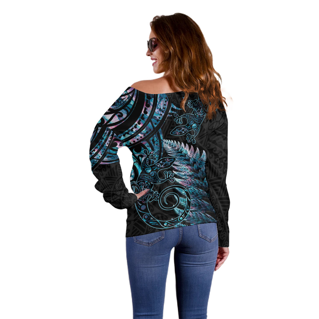 New Zealand Lizard Off Shoulder Sweater Silver Fern Aotearoa Maori With Paua Shell
