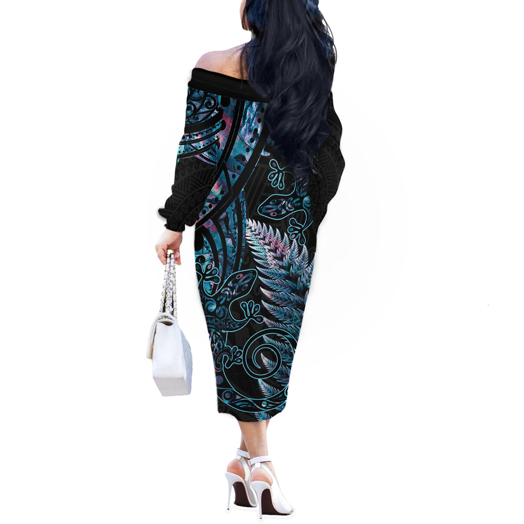 New Zealand Lizard Off The Shoulder Long Sleeve Dress Silver Fern Aotearoa Maori With Paua Shell