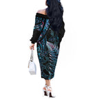 New Zealand Lizard Off The Shoulder Long Sleeve Dress Silver Fern Aotearoa Maori With Paua Shell