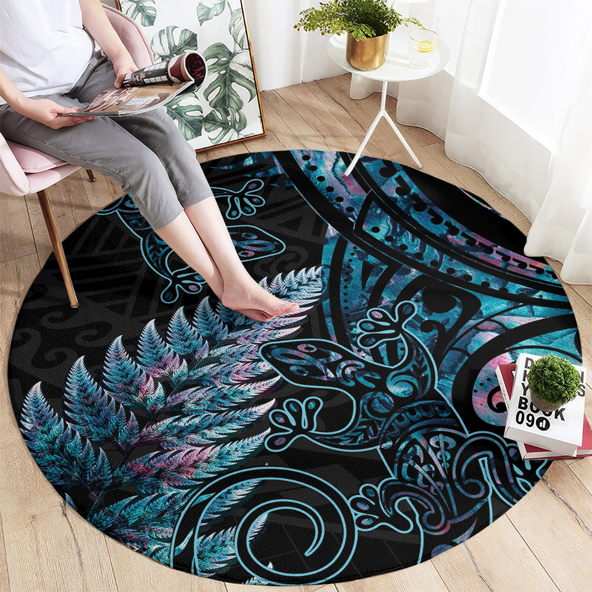 New Zealand Lizard Round Carpet Silver Fern Aotearoa Maori With Paua Shell