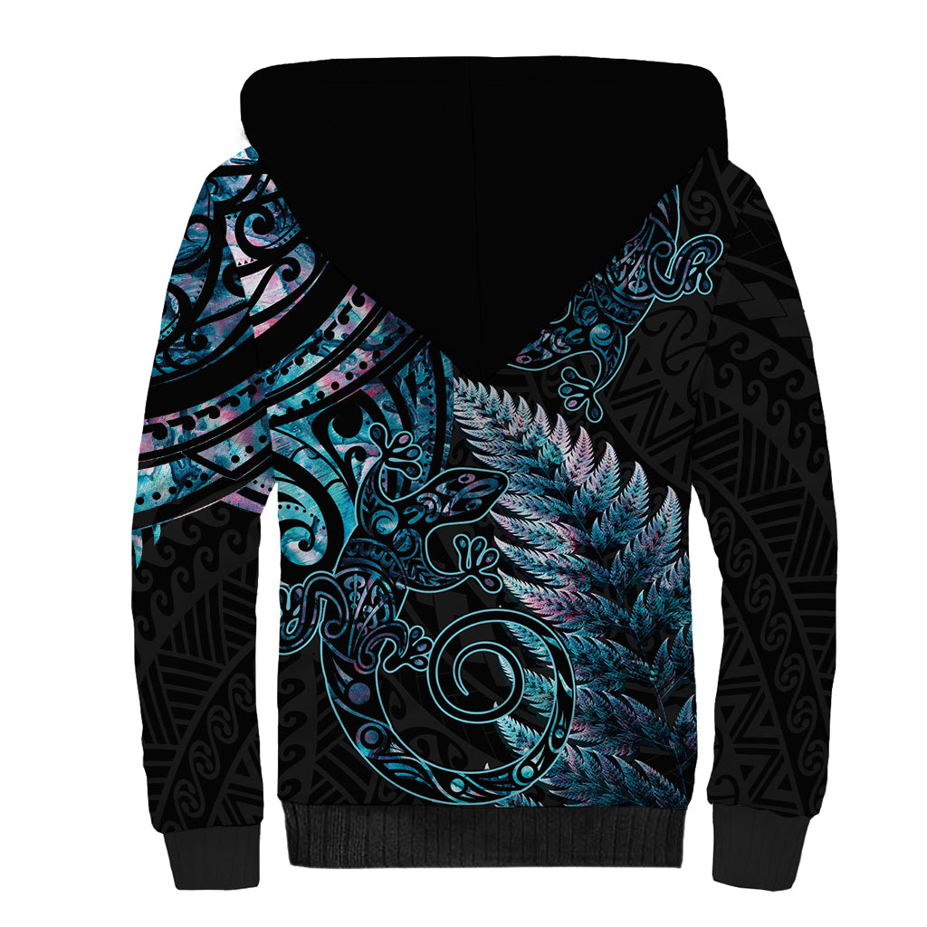 New Zealand Lizard Sherpa Hoodie Silver Fern Aotearoa Maori With Paua Shell
