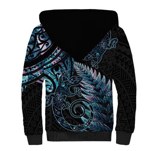 New Zealand Lizard Sherpa Hoodie Silver Fern Aotearoa Maori With Paua Shell