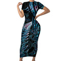 New Zealand Lizard Short Sleeve Bodycon Dress Silver Fern Aotearoa Maori With Paua Shell