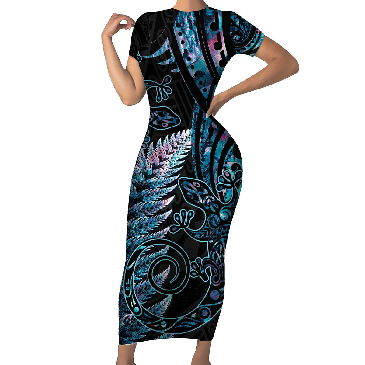 New Zealand Lizard Short Sleeve Bodycon Dress Silver Fern Aotearoa Maori With Paua Shell