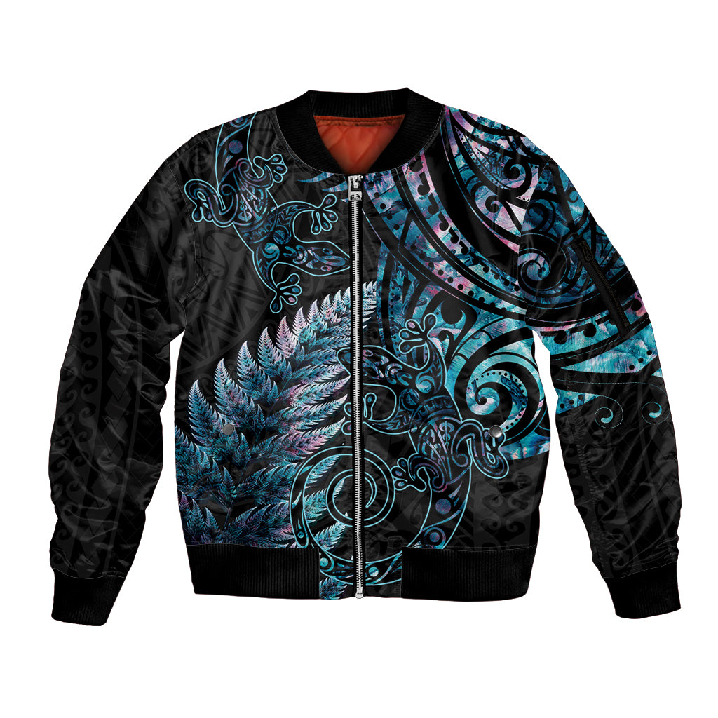 New Zealand Lizard Sleeve Zip Bomber Jacket Silver Fern Aotearoa Maori With Paua Shell