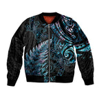 New Zealand Lizard Sleeve Zip Bomber Jacket Silver Fern Aotearoa Maori With Paua Shell