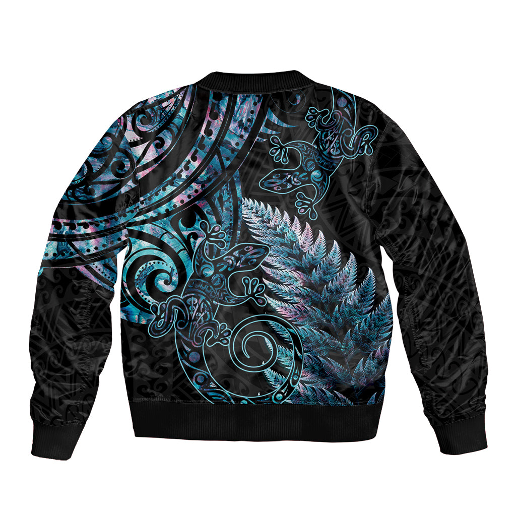 New Zealand Lizard Sleeve Zip Bomber Jacket Silver Fern Aotearoa Maori With Paua Shell