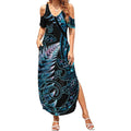 New Zealand Lizard Summer Maxi Dress Silver Fern Aotearoa Maori With Paua Shell