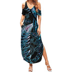 New Zealand Lizard Summer Maxi Dress Silver Fern Aotearoa Maori With Paua Shell