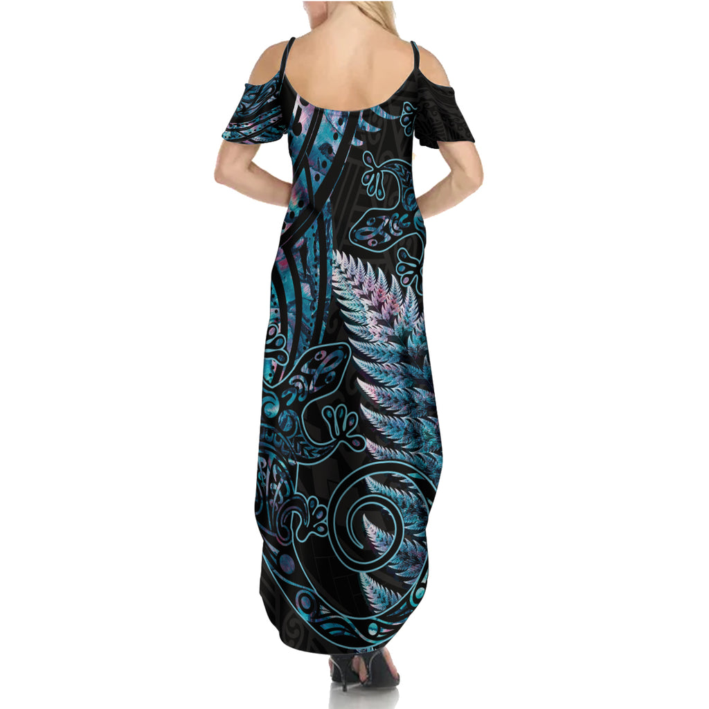 New Zealand Lizard Summer Maxi Dress Silver Fern Aotearoa Maori With Paua Shell