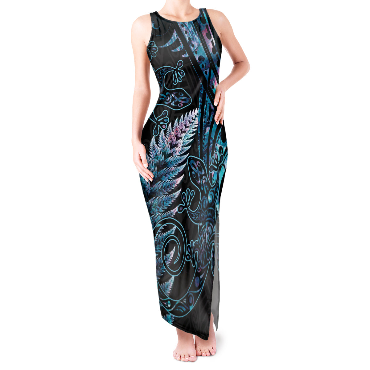 New Zealand Lizard Tank Maxi Dress Silver Fern Aotearoa Maori With Paua Shell