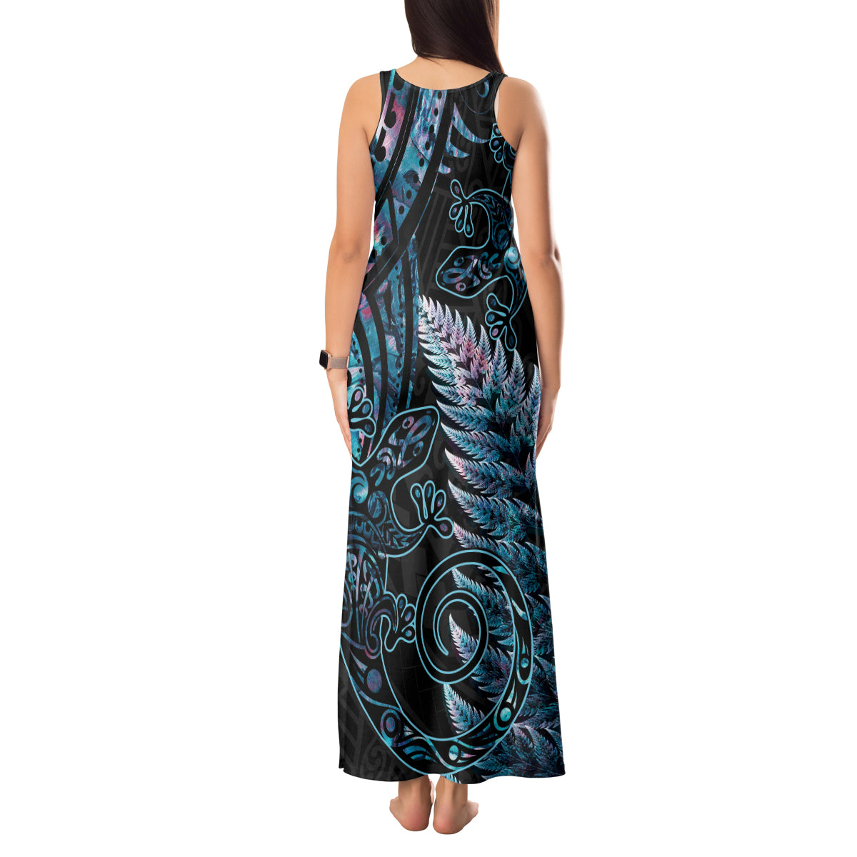 New Zealand Lizard Tank Maxi Dress Silver Fern Aotearoa Maori With Paua Shell