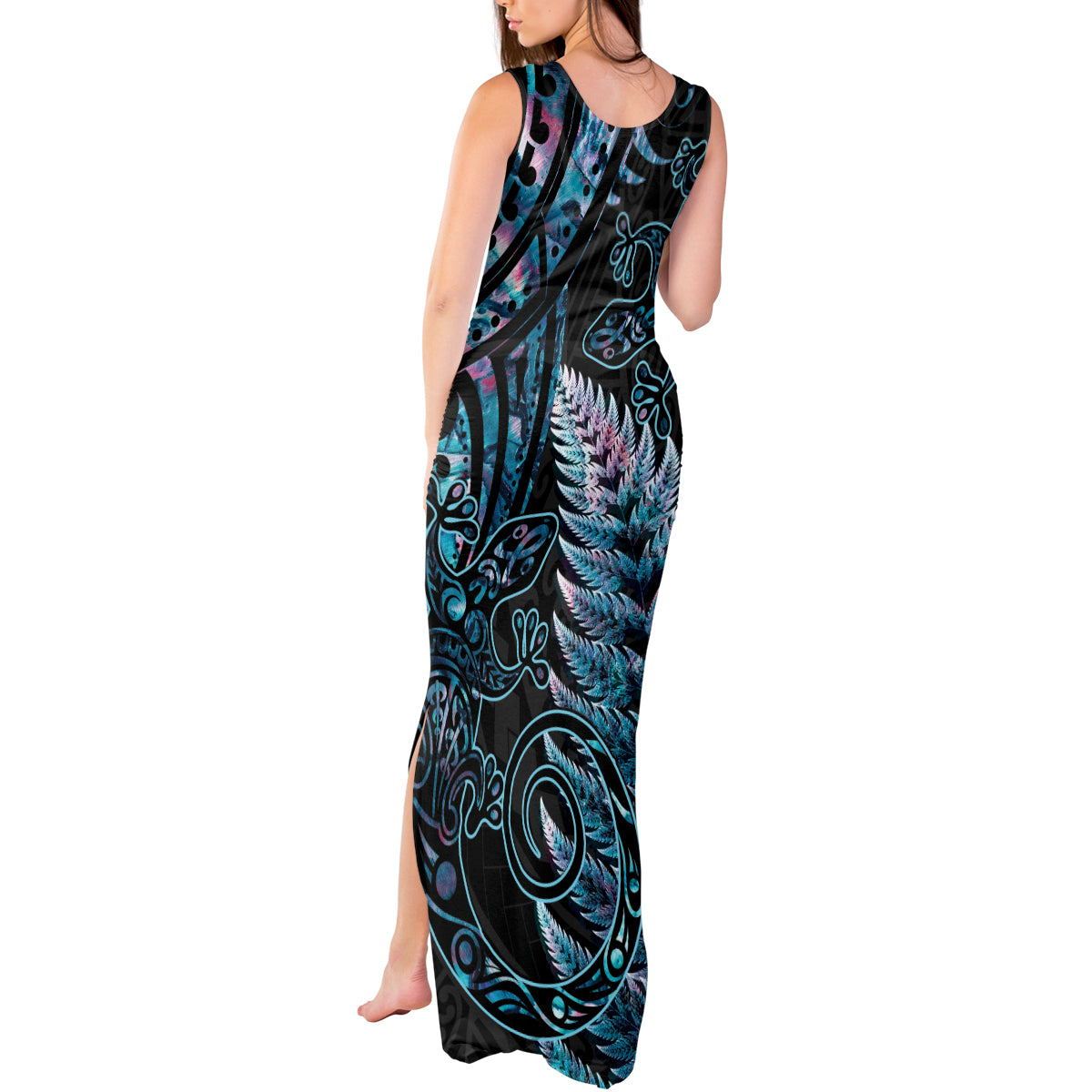 New Zealand Lizard Tank Maxi Dress Silver Fern Aotearoa Maori With Paua Shell