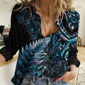 New Zealand Lizard Women Casual Shirt Silver Fern Aotearoa Maori With Paua Shell