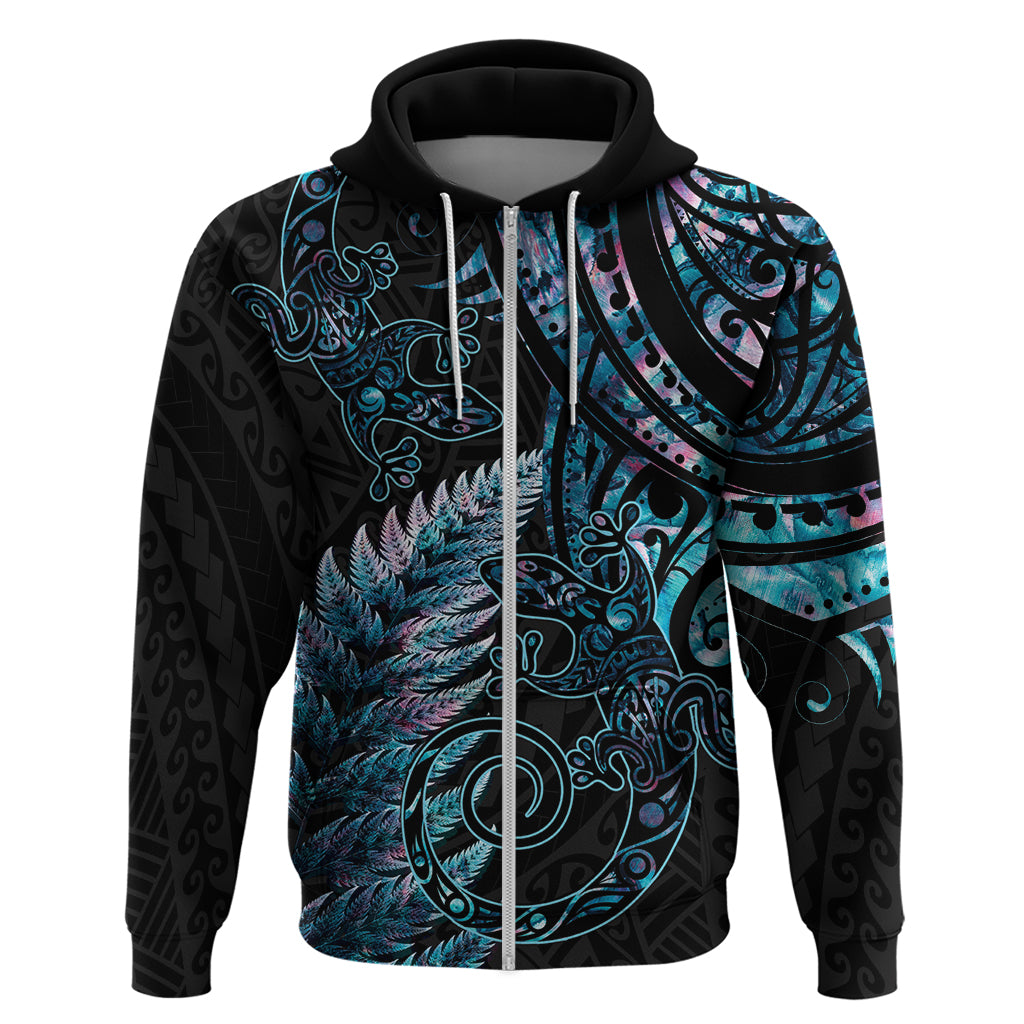 New Zealand Lizard Zip Hoodie Silver Fern Aotearoa Maori With Paua Shell