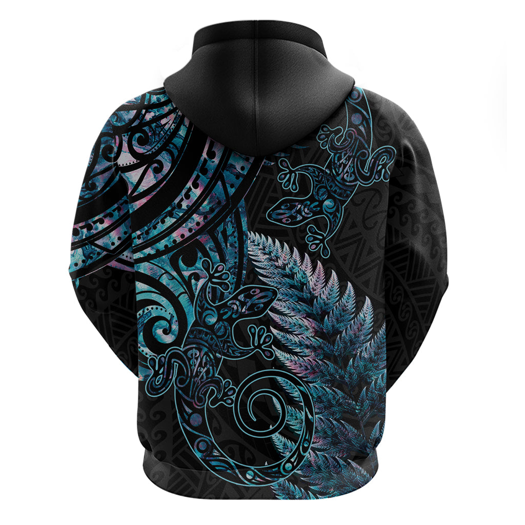 New Zealand Lizard Zip Hoodie Silver Fern Aotearoa Maori With Paua Shell