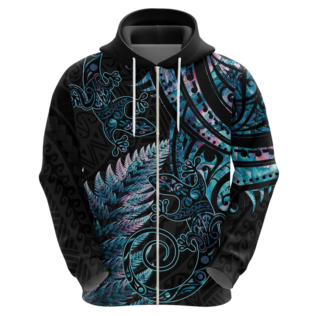 New Zealand Lizard Zip Hoodie Silver Fern Aotearoa Maori With Paua Shell