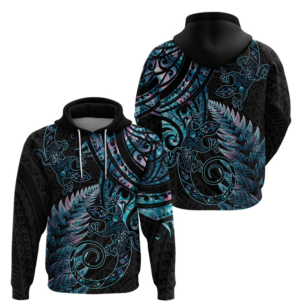 New Zealand Lizard Zip Hoodie Silver Fern Aotearoa Maori With Paua Shell