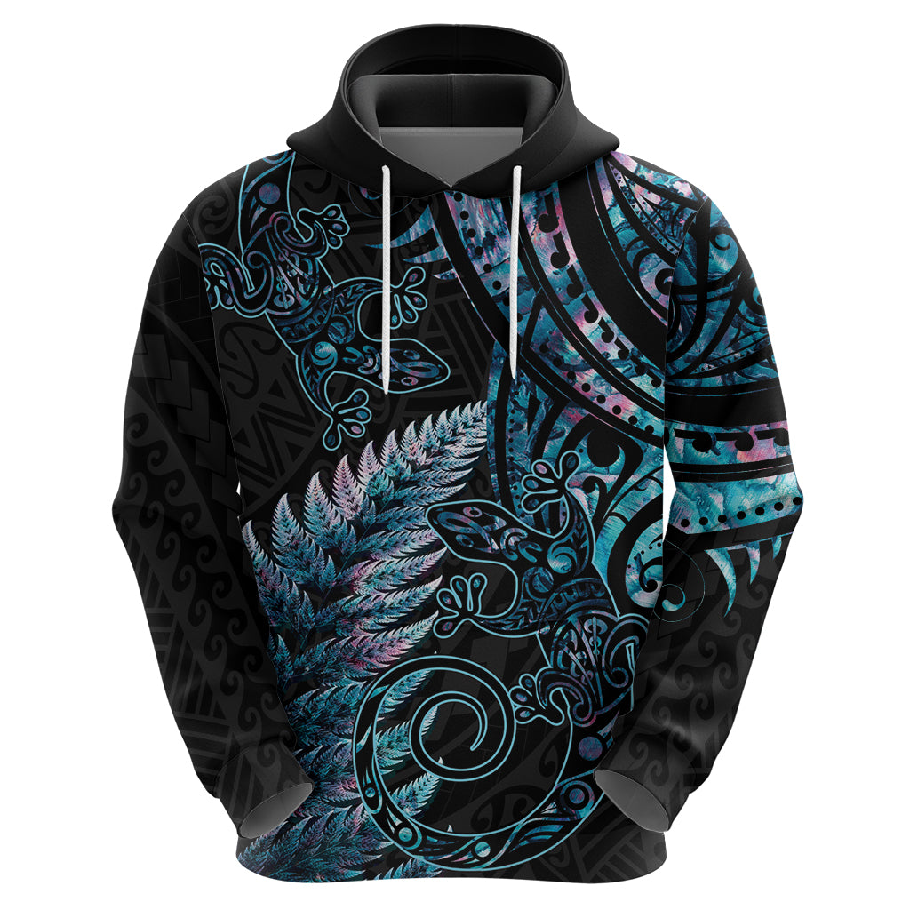 New Zealand Lizard Zip Hoodie Silver Fern Aotearoa Maori With Paua Shell