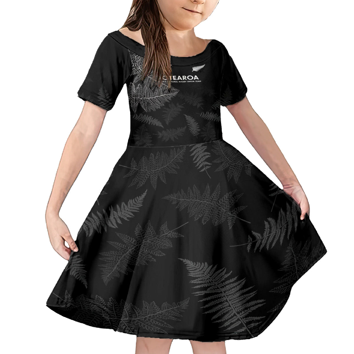 Custom New Zealand Haka Rugby Kid Short Sleeve Dress 2024 Pacific Go Black Silver Fern