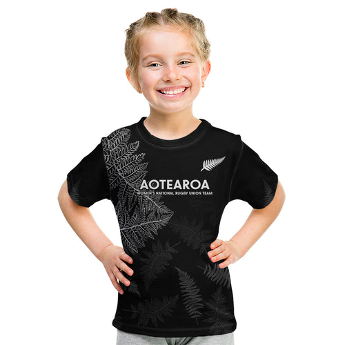 Custom New Zealand Haka Rugby Kid T Shirt 2024 Pacific Go Black Silver Fern