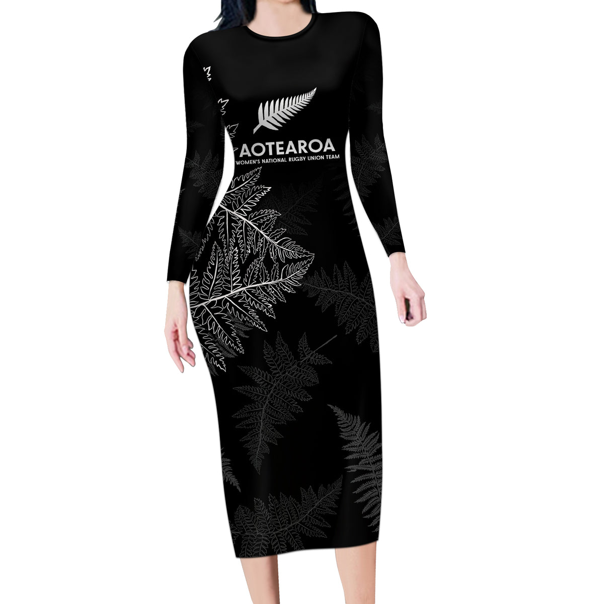 Custom New Zealand Haka Rugby Long Sleeve Bodycon Dress 2024 Pacific Go Black Silver Fern