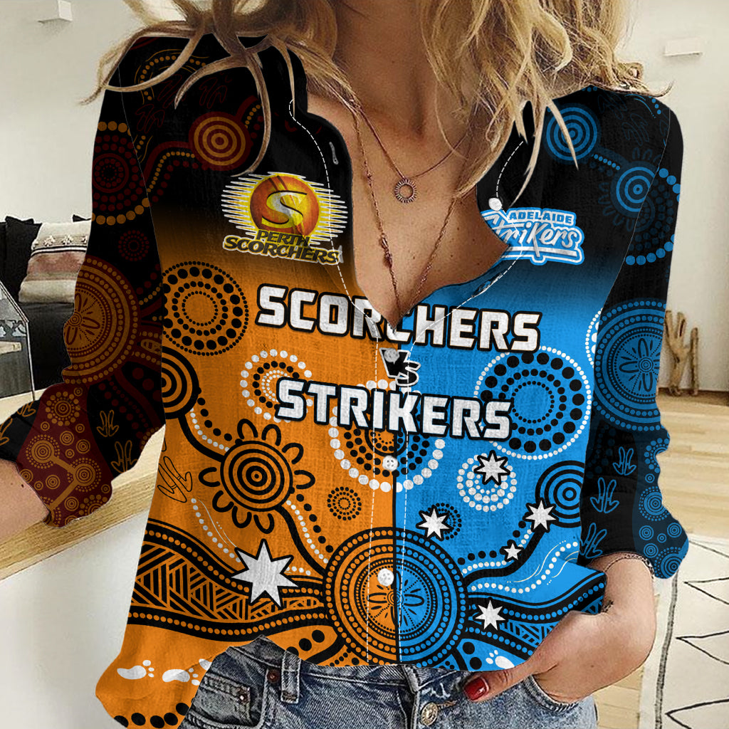 (Custom Text And Number) Perth Scorchers and Adelaide Strikers Cricket Women Casual Shirt Aboriginal Art LT14