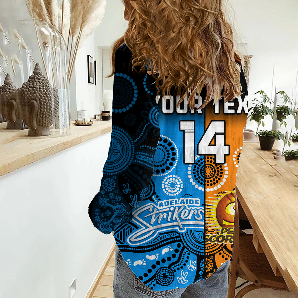 (Custom Text And Number) Perth Scorchers and Adelaide Strikers Cricket Women Casual Shirt Aboriginal Art LT14