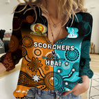 (Custom Text And Number) Perth Scorchers and Brisbane Heat Cricket Women Casual Shirt Aboriginal Art LT14
