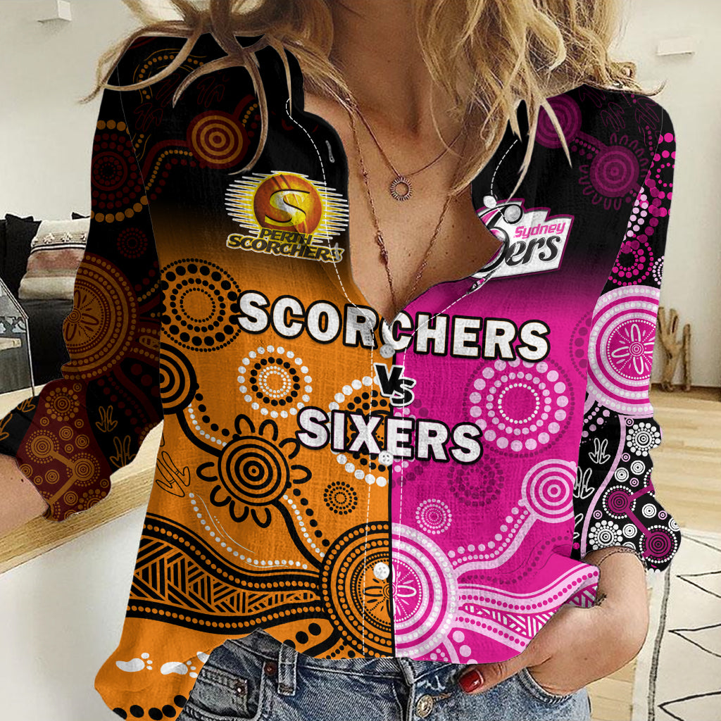 Perth Scorchers and Sydney Sixers Cricket Women Casual Shirt Aboriginal Art LT14