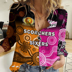 (Custom Text And Number) Perth Scorchers and Sydney Sixers Cricket Women Casual Shirt Aboriginal Art LT14