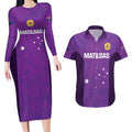 Custom Australia Soccer Couples Matching Long Sleeve Bodycon Dress and Hawaiian Shirt Matildas Go Champions - Purple