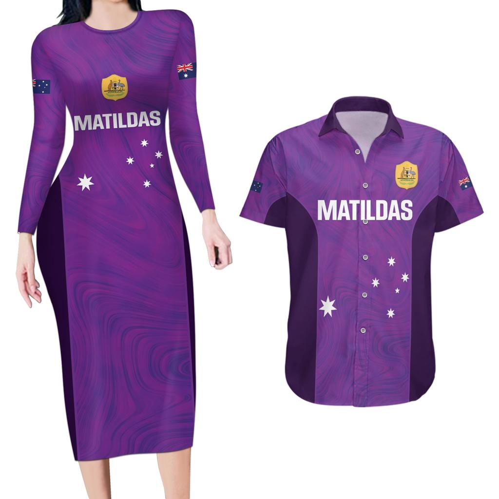 Custom Australia Soccer Couples Matching Long Sleeve Bodycon Dress and Hawaiian Shirt Matildas Go Champions - Purple