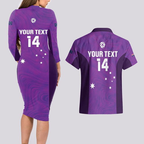 Custom Australia Soccer Couples Matching Long Sleeve Bodycon Dress and Hawaiian Shirt Matildas Go Champions - Purple