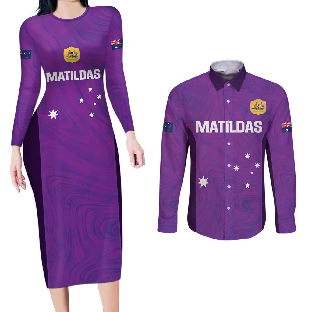 Custom Australia Soccer Couples Matching Long Sleeve Bodycon Dress and Long Sleeve Button Shirt Matildas Go Champions - Purple
