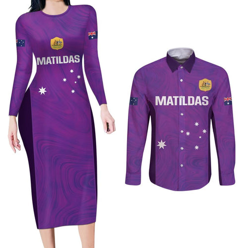 Custom Australia Soccer Couples Matching Long Sleeve Bodycon Dress and Long Sleeve Button Shirt Matildas Go Champions - Purple