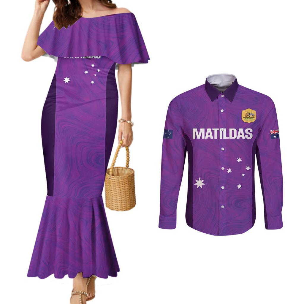 Custom Australia Soccer Couples Matching Mermaid Dress and Long Sleeve Button Shirt Matildas Go Champions - Purple