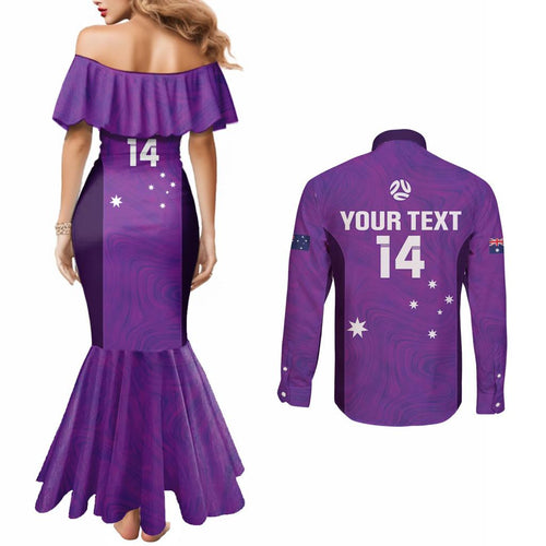Custom Australia Soccer Couples Matching Mermaid Dress and Long Sleeve Button Shirt Matildas Go Champions - Purple