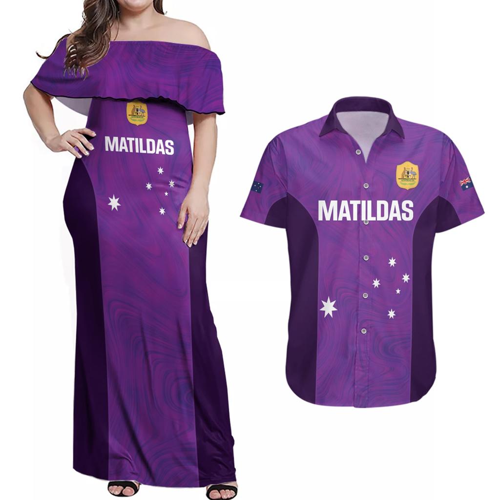Custom Australia Soccer Couples Matching Off Shoulder Maxi Dress and Hawaiian Shirt Matildas Go Champions - Purple