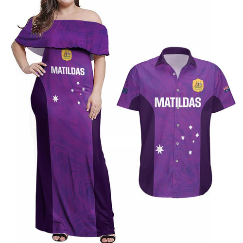 Custom Australia Soccer Couples Matching Off Shoulder Maxi Dress and Hawaiian Shirt Matildas Go Champions - Purple