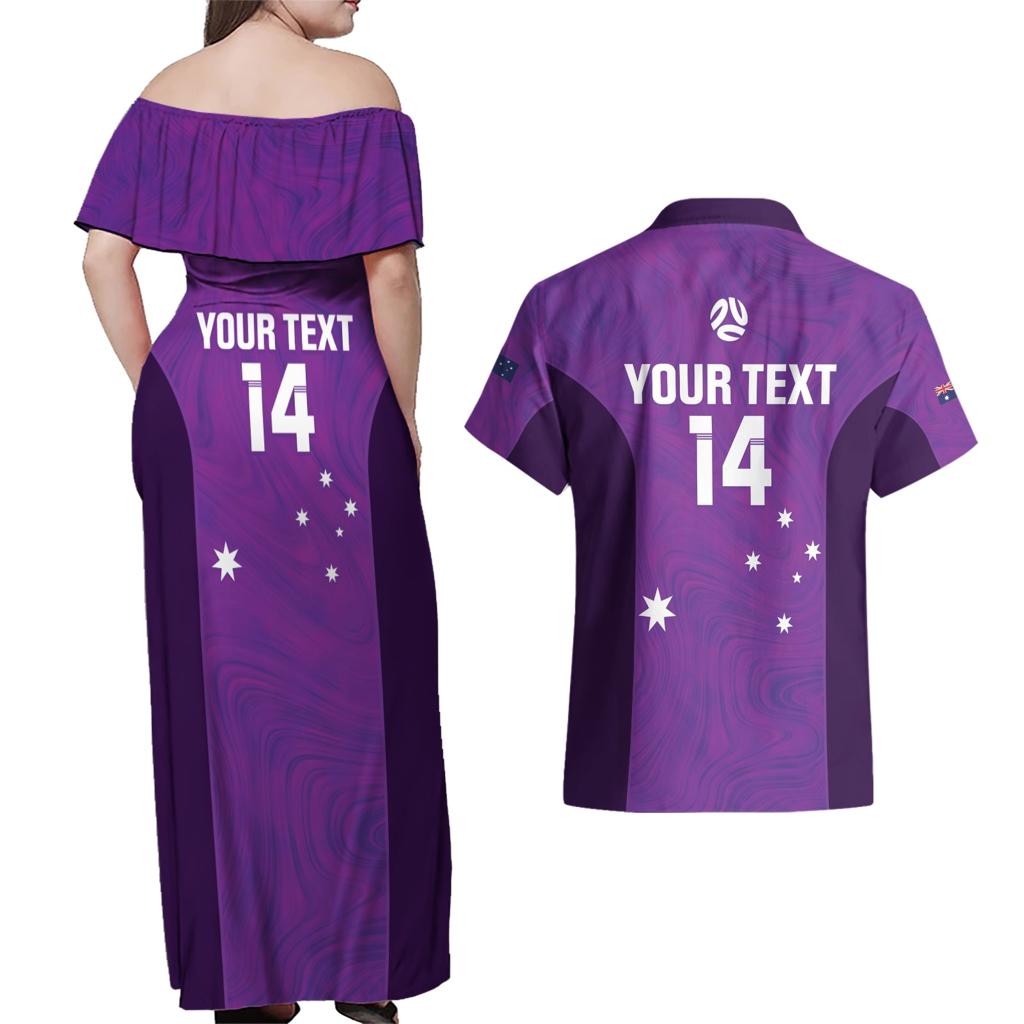 Custom Australia Soccer Couples Matching Off Shoulder Maxi Dress and Hawaiian Shirt Matildas Go Champions - Purple