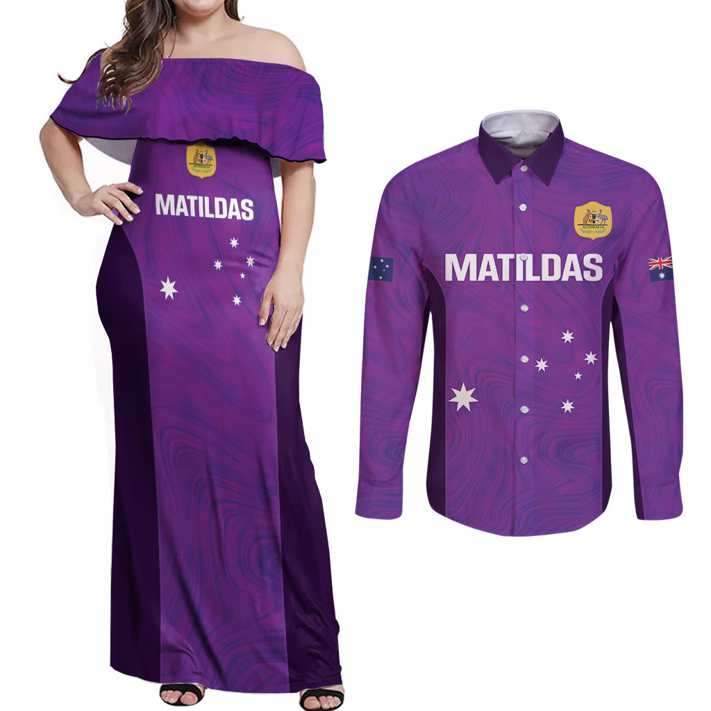 Custom Australia Soccer Couples Matching Off Shoulder Maxi Dress and Long Sleeve Button Shirt Matildas Go Champions - Purple