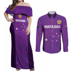 Custom Australia Soccer Couples Matching Off Shoulder Maxi Dress and Long Sleeve Button Shirt Matildas Go Champions - Purple