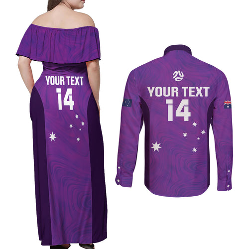 Custom Australia Soccer Couples Matching Off Shoulder Maxi Dress and Long Sleeve Button Shirt Matildas Go Champions - Purple